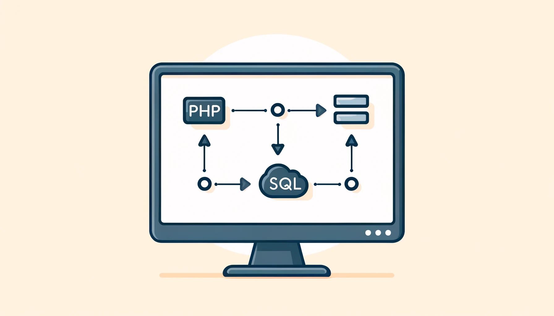 A minimalist, 2D flat illustration representing the integration of PHP and SQLServer, featuring a computer screen with icons of PHP and SQLServer connected by arrows, symbolizing data flow and integration, in soft, neutral colors.